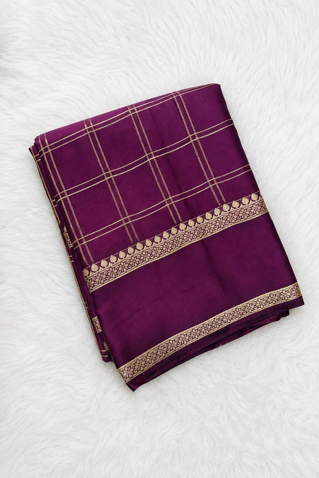 Deep Plum Semi Crepe Silk Saree with Gold Checks & Intricate Border