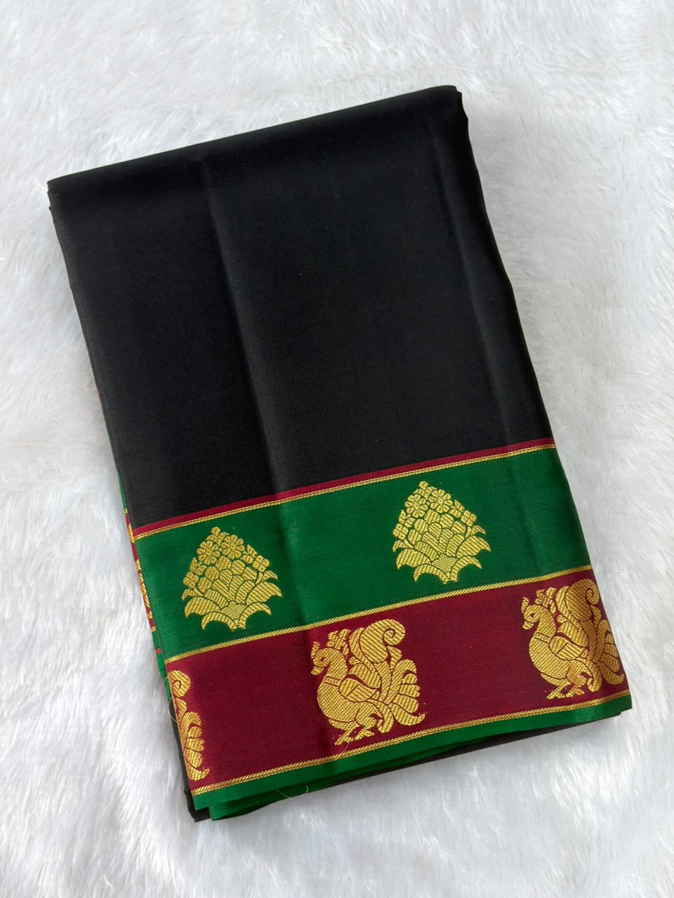 Black Pure Silk Saree with Green Maroon Dual Zari Border