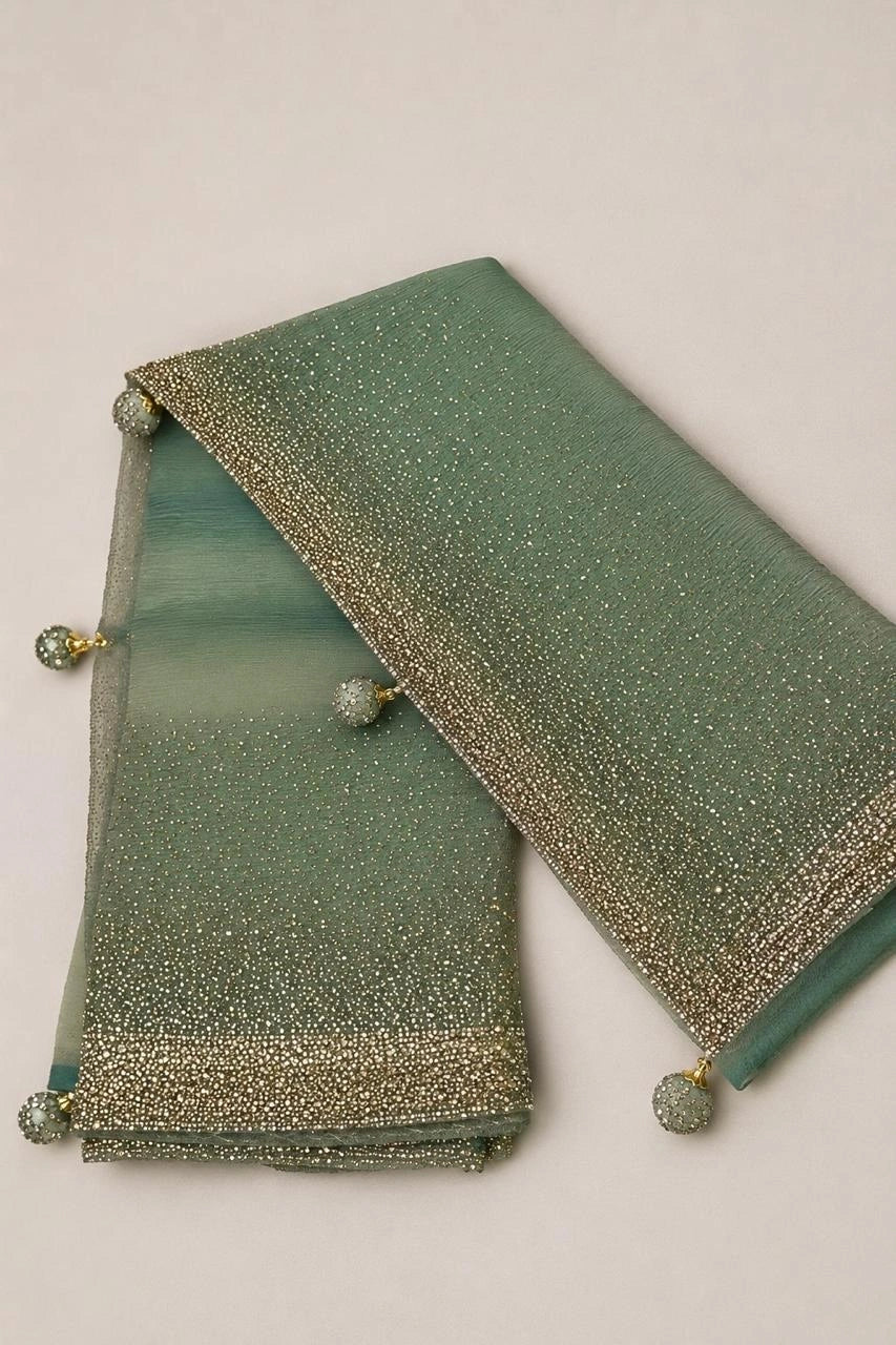 Sage Green Crush Chiffon Saree with Crystal Stone Border