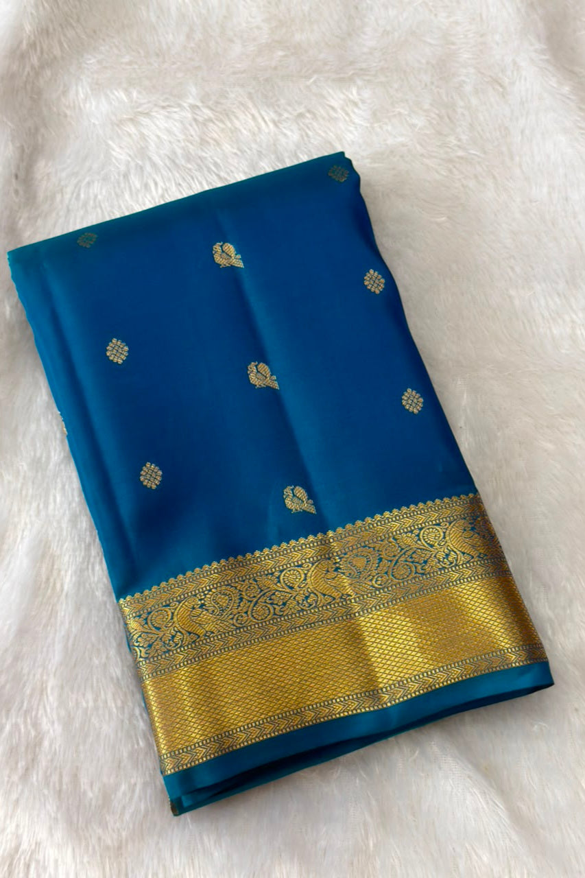 Peacock Blue Pure Silk Saree with Gold Zari Border & Butis
