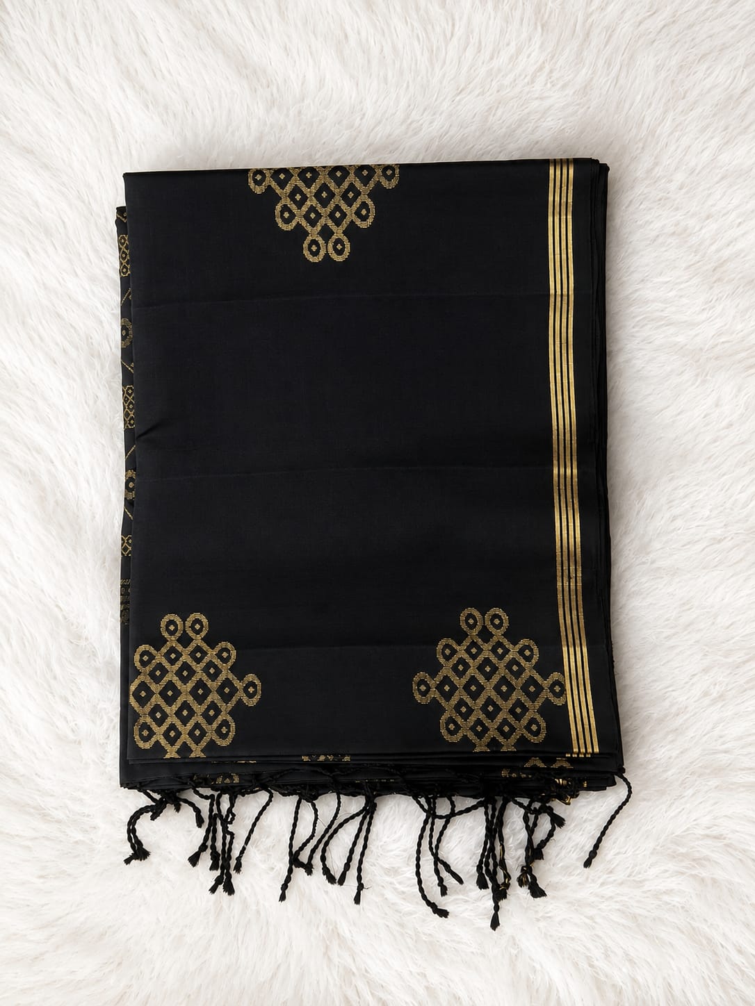 Black Pure Silk Saree with Gold Geometric Kolam Pattern