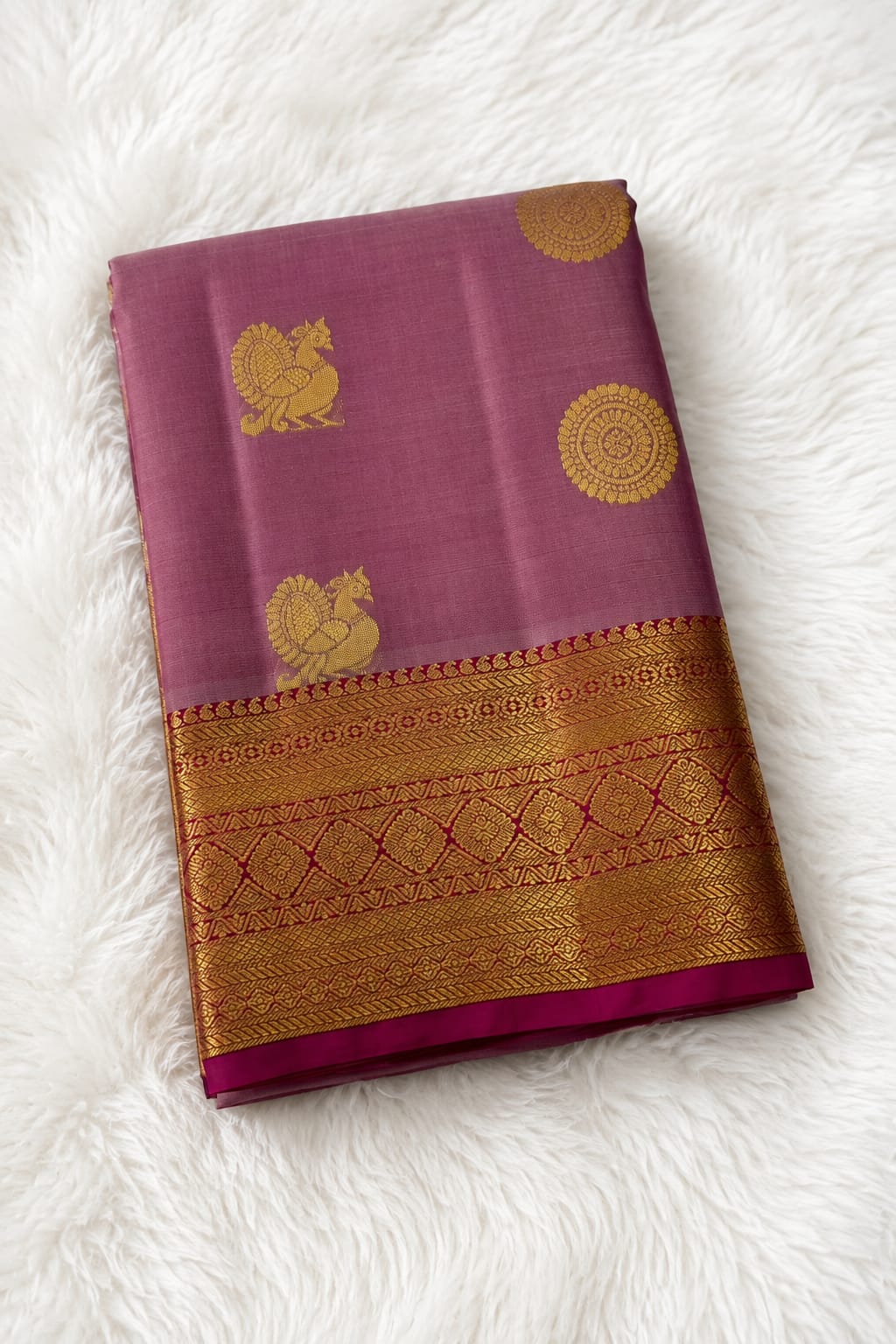 Mauve Pure Silk Saree with Gold Peacock and Medallion Motifs
