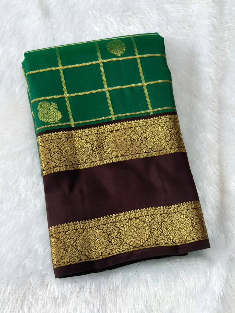 Green Grid Pure Silk Saree with Brown Gold Zari Border