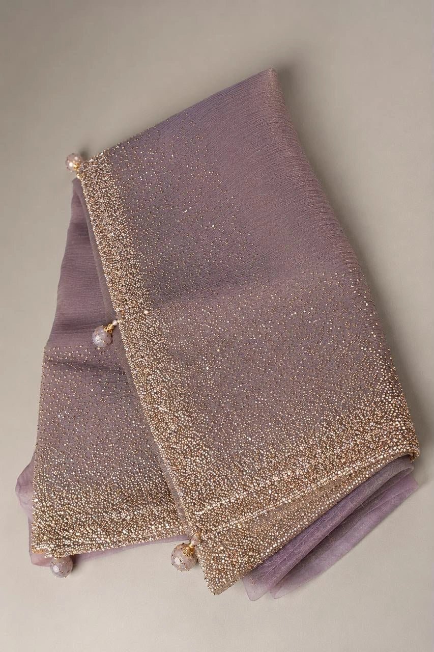 Mauve Lilac Crush Chiffon Saree with Shimmering Stone Border
