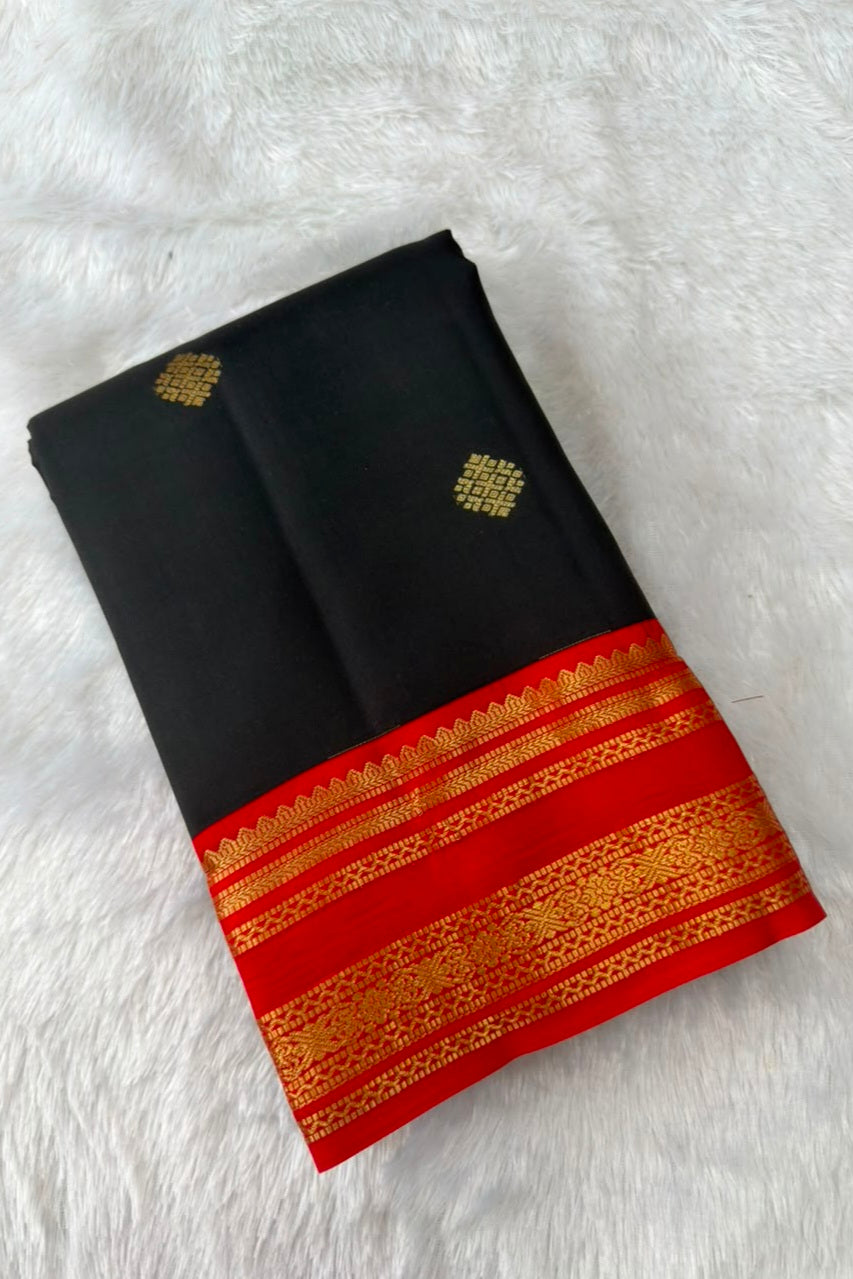Black Pure Silk Saree with Contrast Red Gold Zari Border