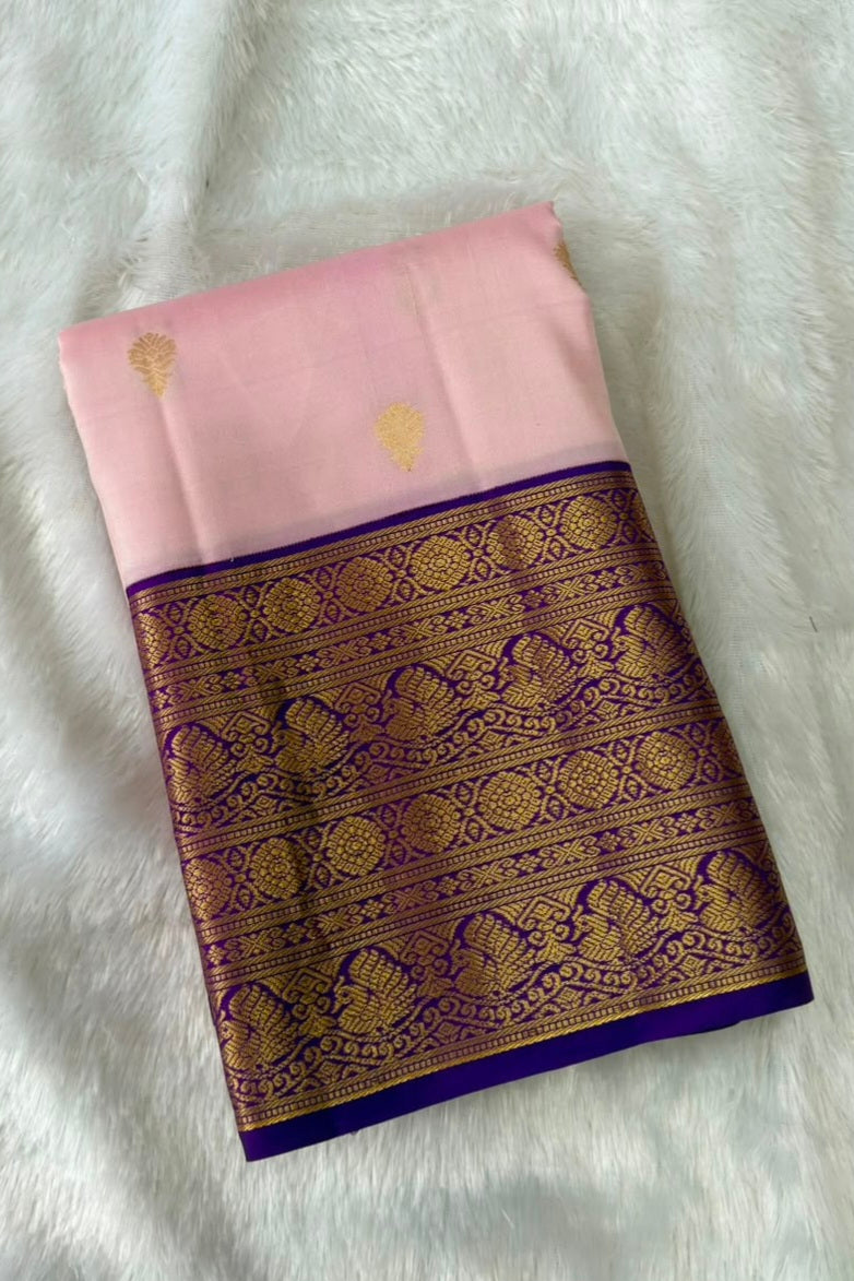 Blush Pink Pure Silk Saree with Purple Gold Peacock Border