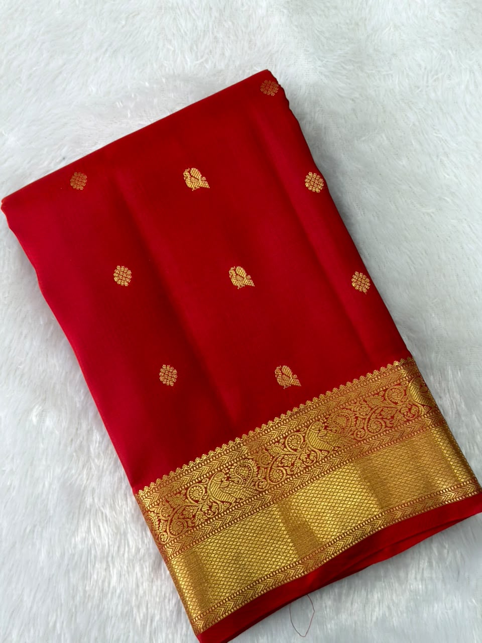 Crimson Red Pure Silk Saree with Gold Peacock Zari Border