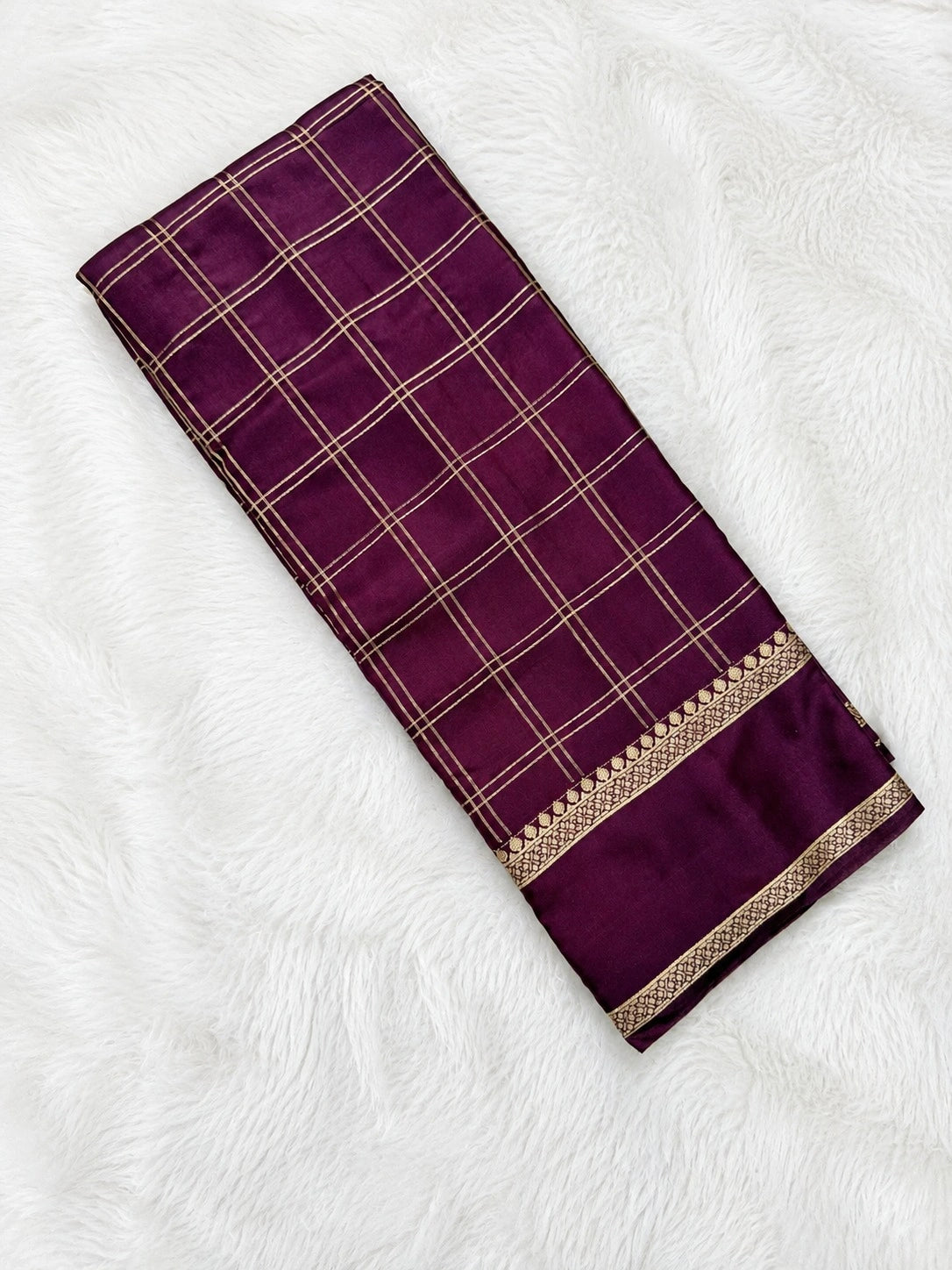 Deep Plum Semi Crepe Silk Saree with Gold Checks & Intricate Border