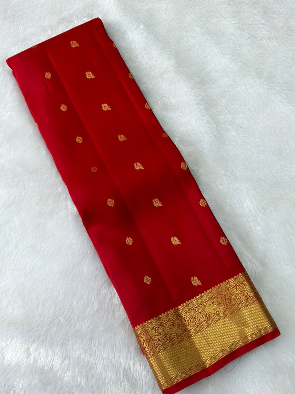 Crimson Red Pure Silk Saree with Gold Peacock Zari Border