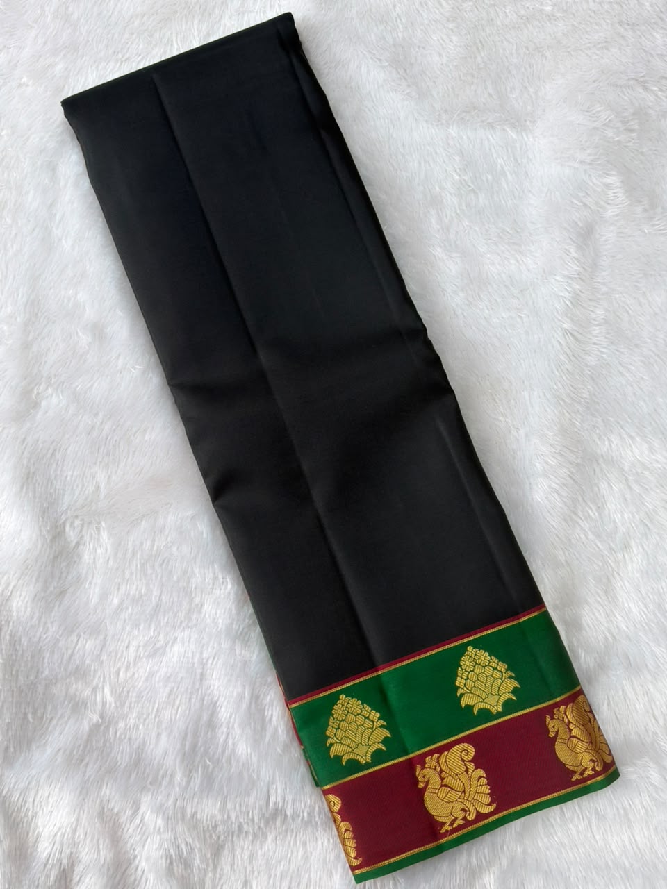 Black Pure Silk Saree with Green Maroon Dual Zari Border