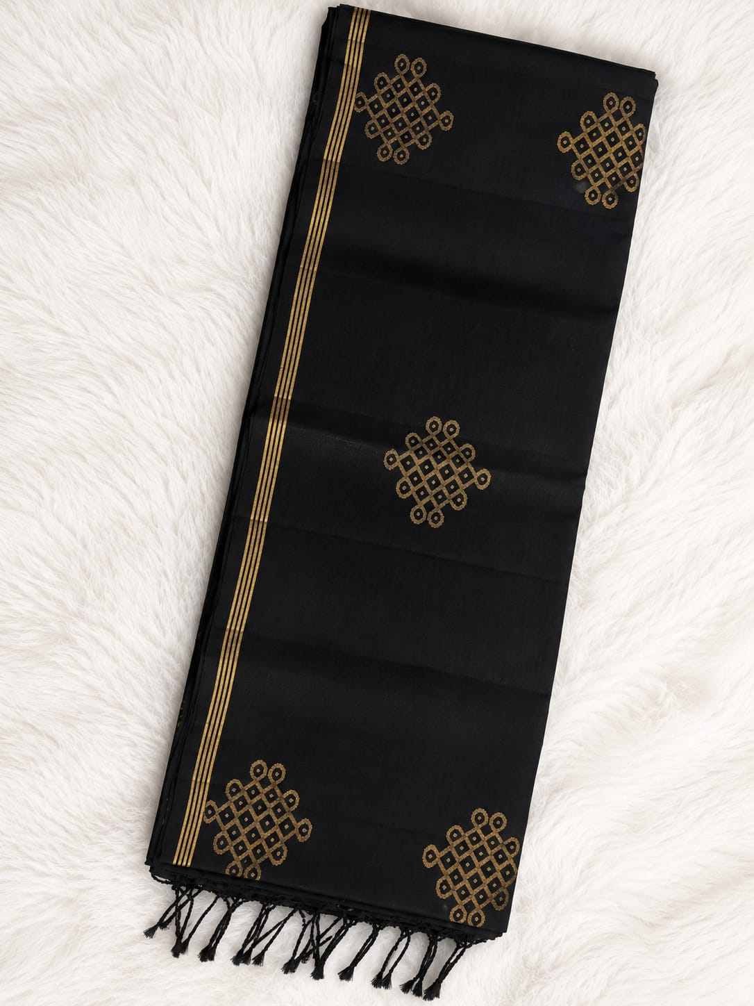 Black Pure Silk Saree with Gold Geometric Kolam Pattern