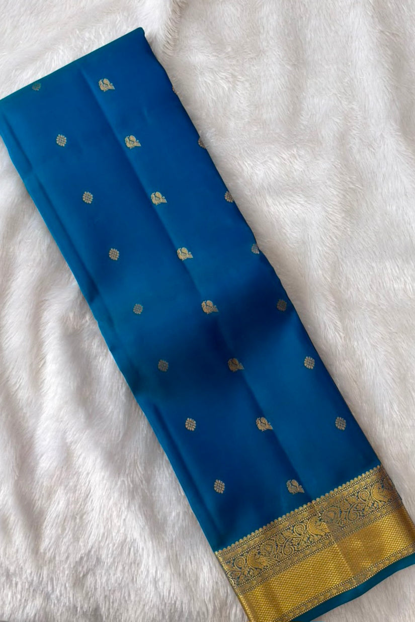 Peacock Blue Pure Silk Saree with Gold Zari Border & Butis