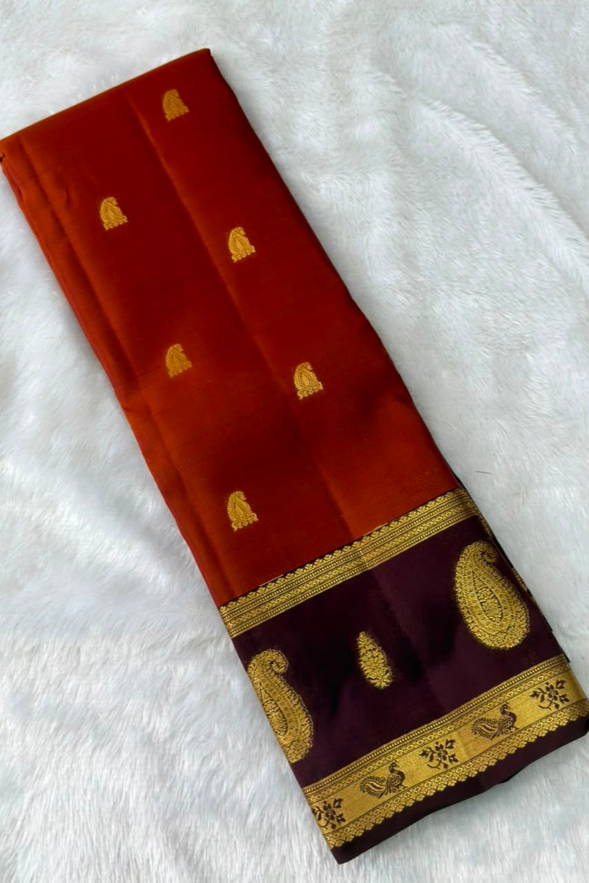 Rust Orange Silk Saree with Maroonish Brown Border & Gold Paisley Motifs