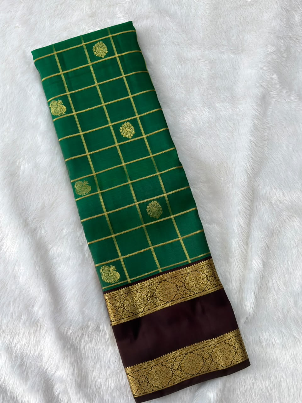 Green Grid Pure Silk Saree with Brown Gold Zari Border
