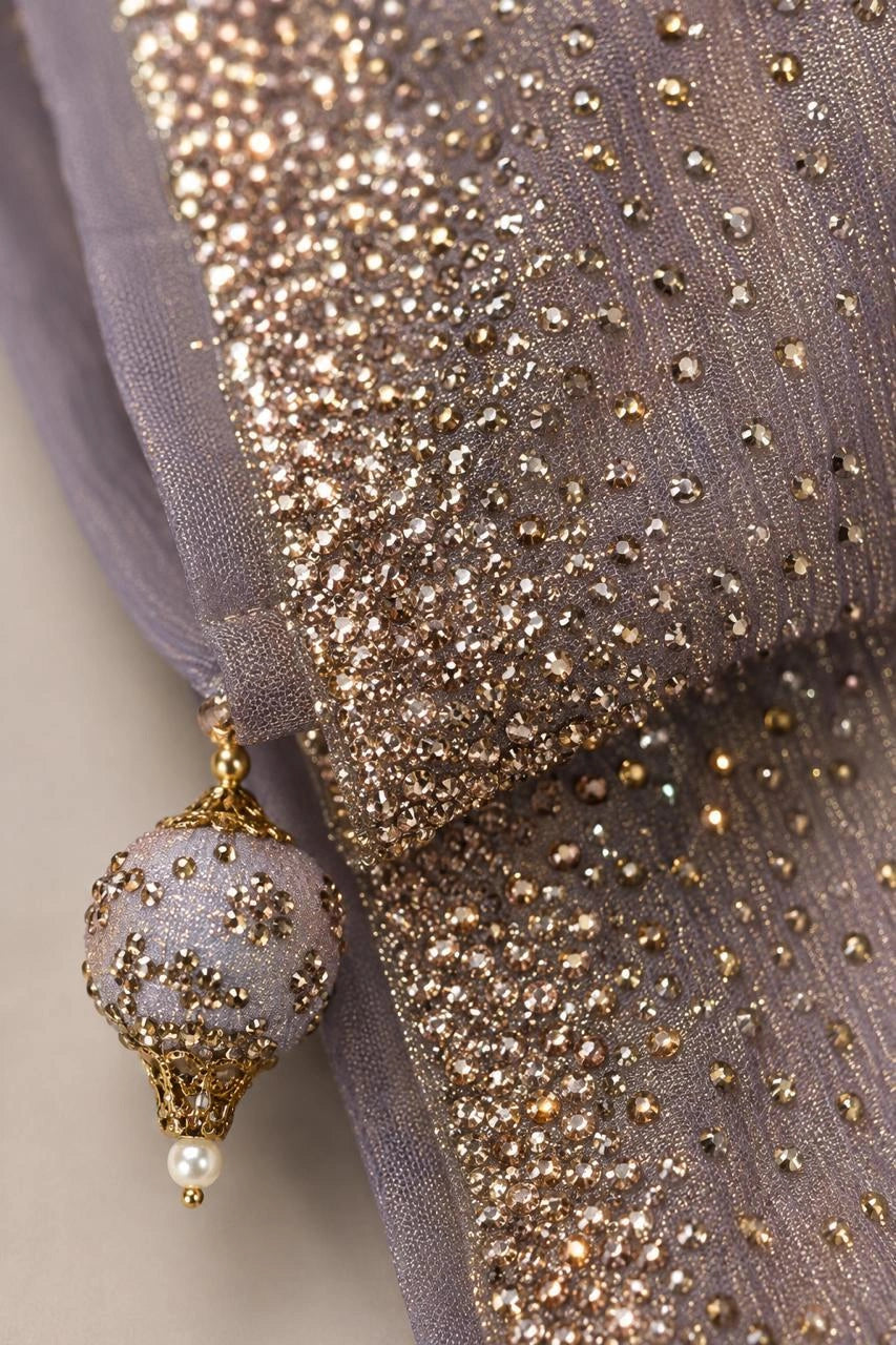 Mauve Lilac Crush Chiffon Saree with Shimmering Stone Border