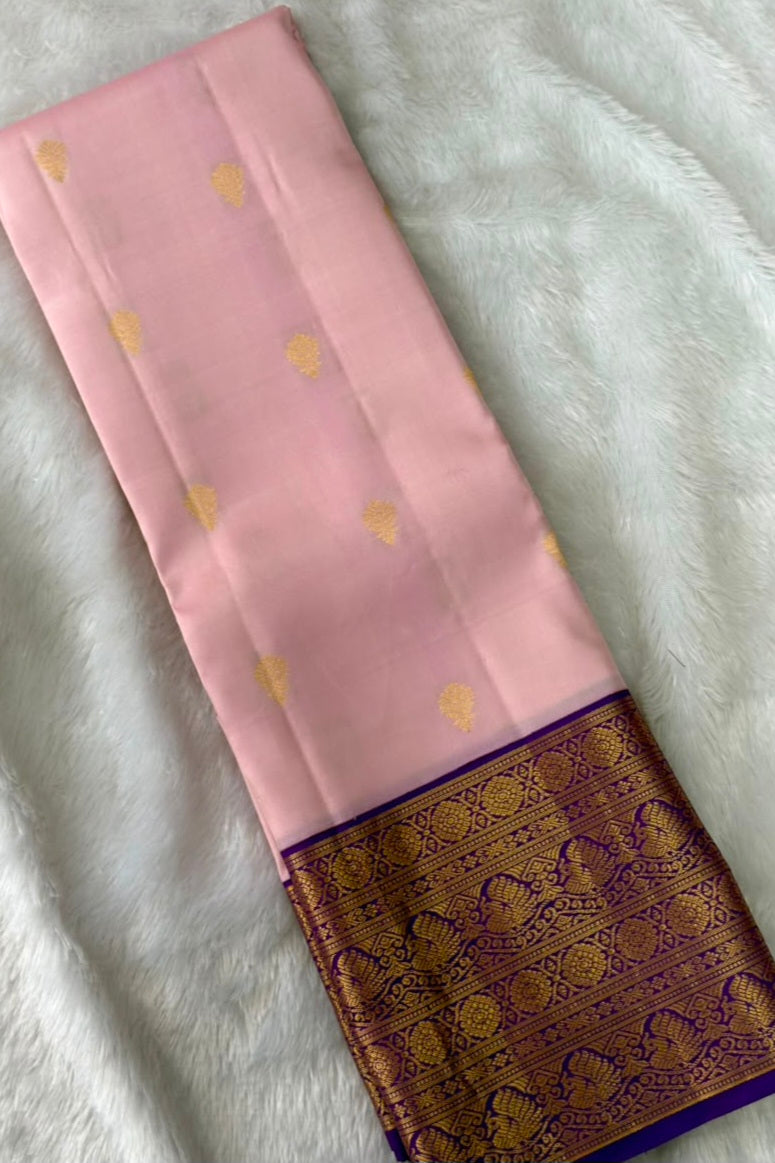 Blush Pink Pure Silk Saree with Purple Gold Peacock Border