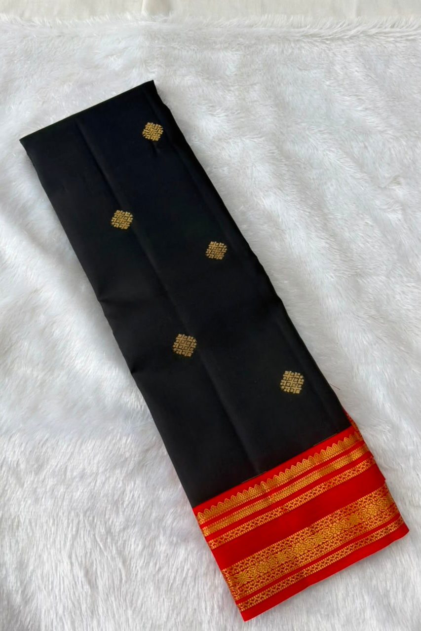 Black Pure Silk Saree with Contrast Red Gold Zari Border
