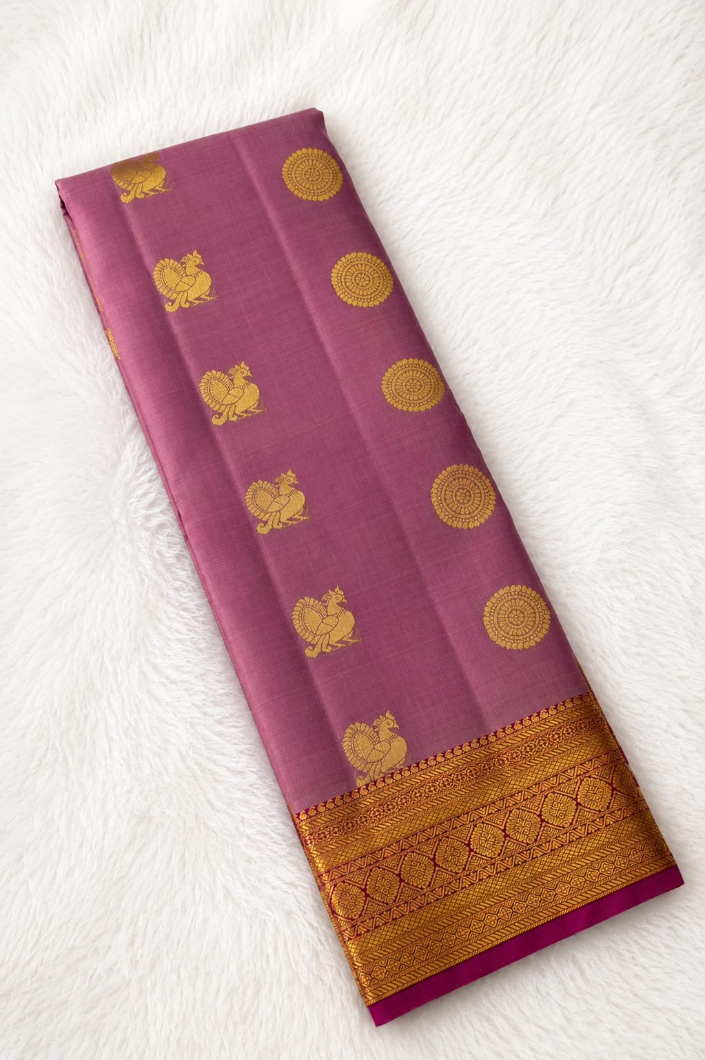 Mauve Pure Silk Saree with Gold Peacock and Medallion Motifs