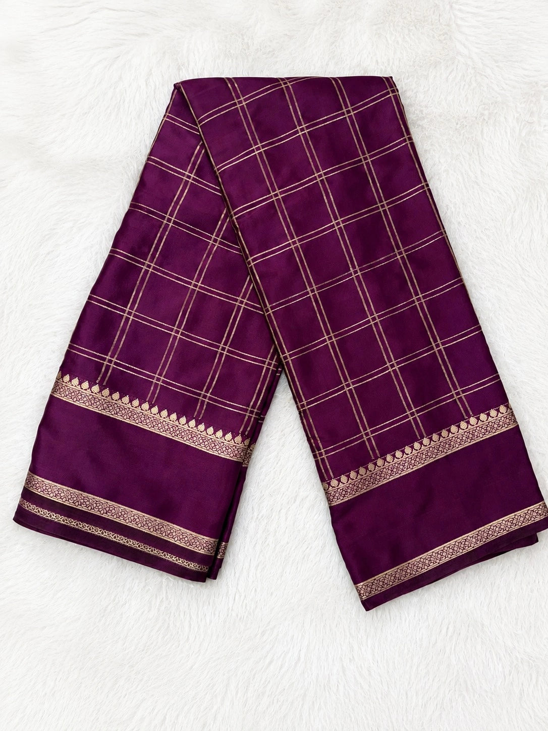 Deep Plum Semi Crepe Silk Saree with Gold Checks & Intricate Border