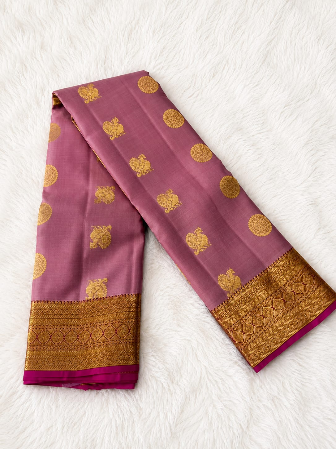 Mauve Pure Silk Saree with Gold Peacock and Medallion Motifs