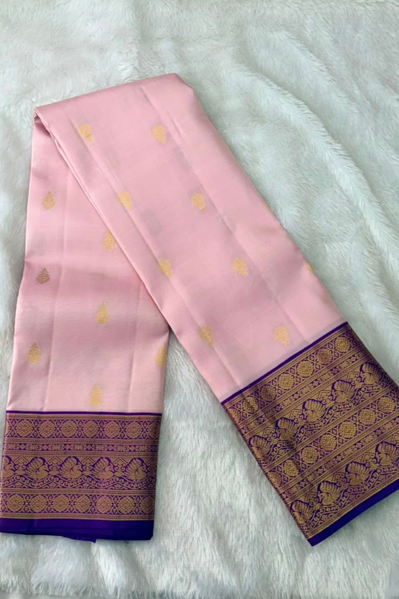 Blush Pink Pure Silk Saree with Purple Gold Peacock Border