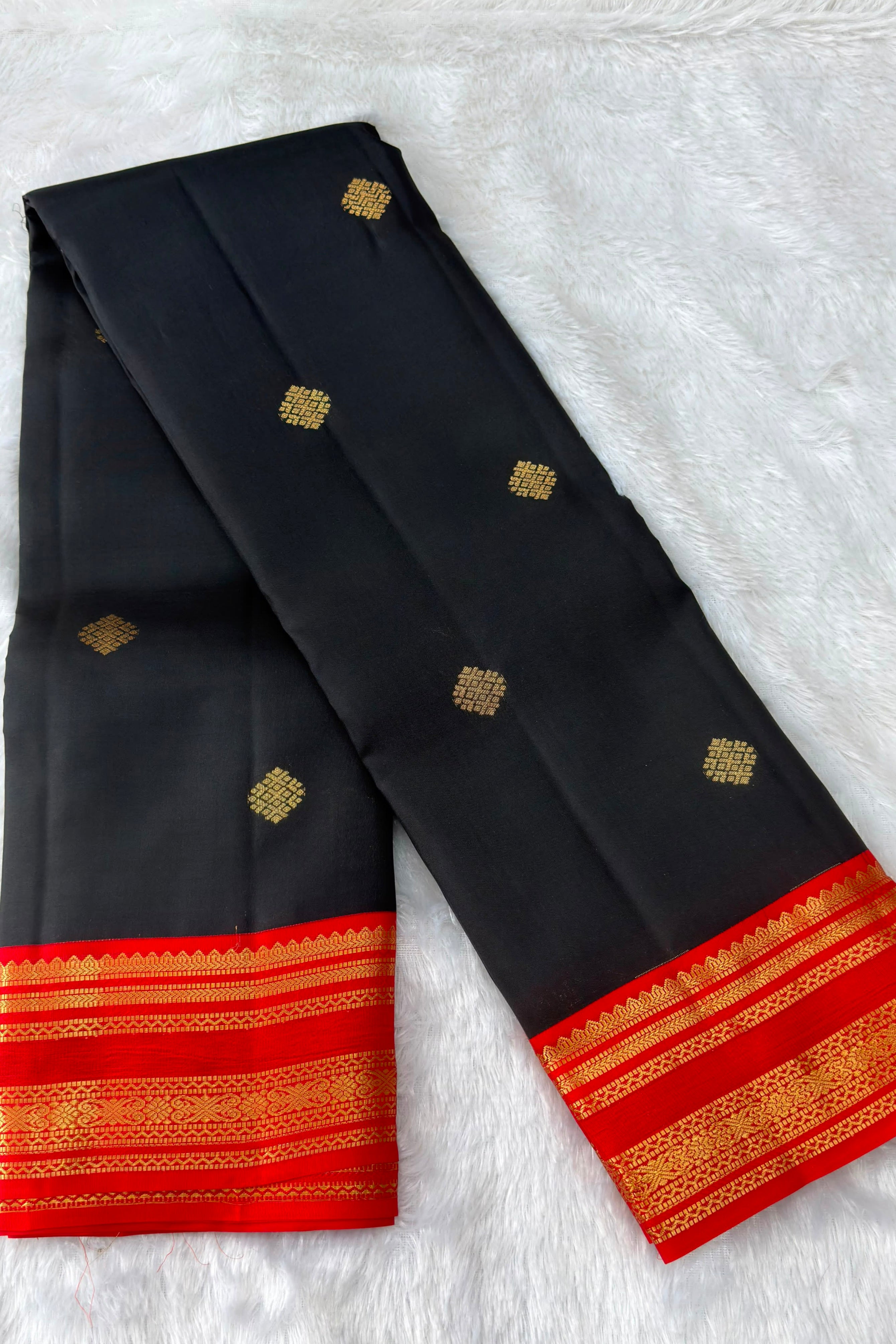 Black Pure Silk Saree with Contrast Red Gold Zari Border