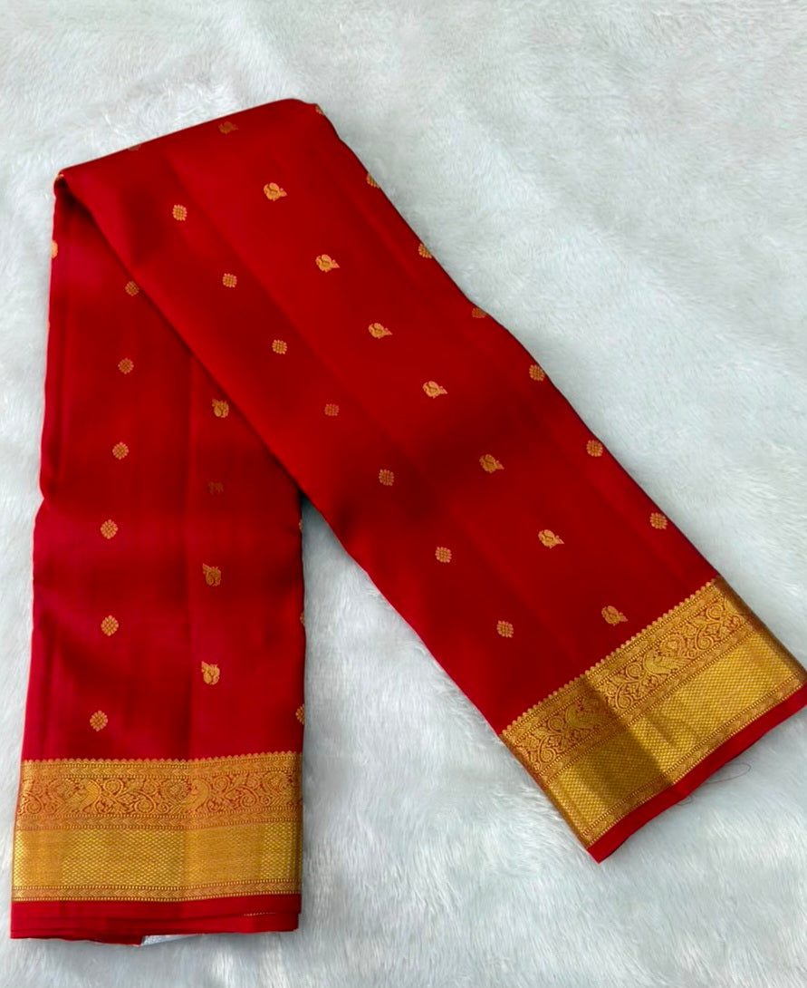 Crimson Red Pure Silk Saree with Gold Peacock Zari Border