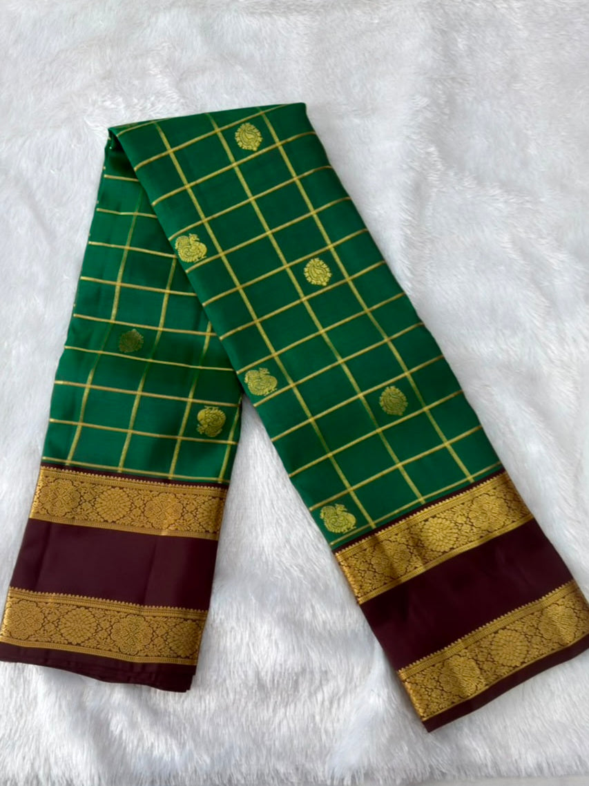 Green Grid Pure Silk Saree with Brown Gold Zari Border