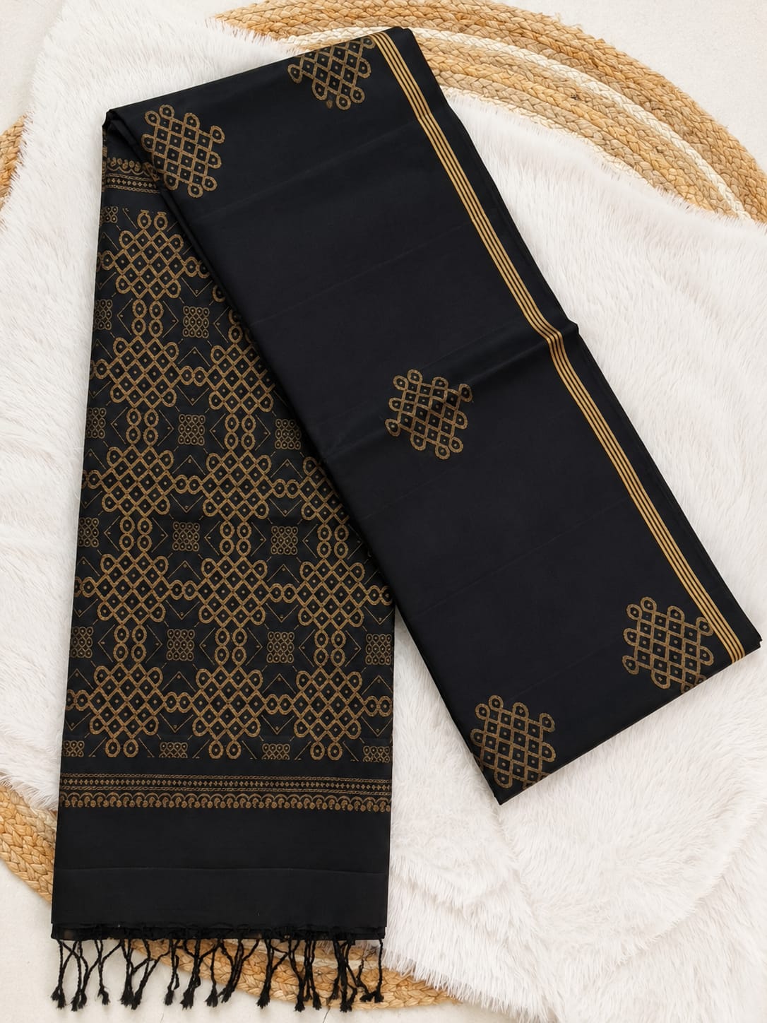 Black Pure Silk Saree with Gold Geometric Kolam Pattern
