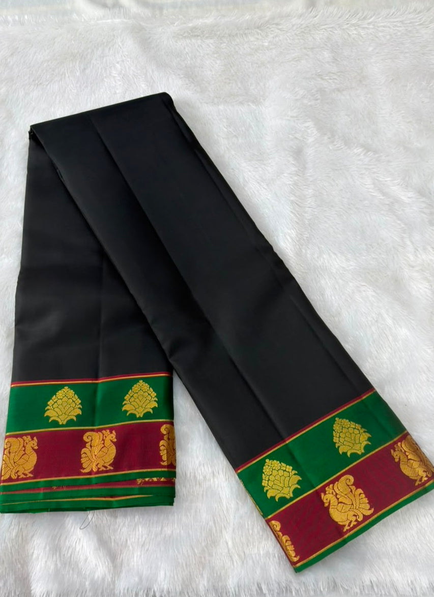Black Pure Silk Saree with Green Maroon Dual Zari Border