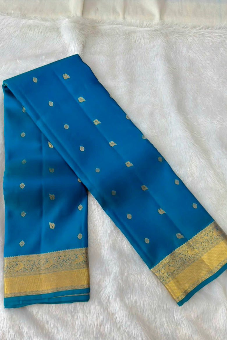 Peacock Blue Pure Silk Saree with Gold Zari Border & Butis