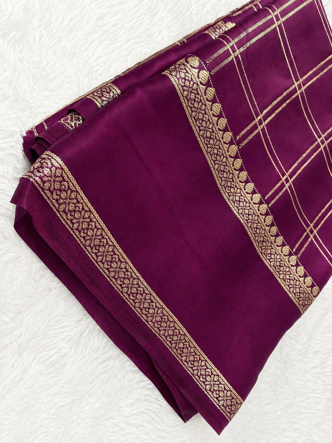 Deep Plum Semi Crepe Silk Saree with Gold Checks & Intricate Border