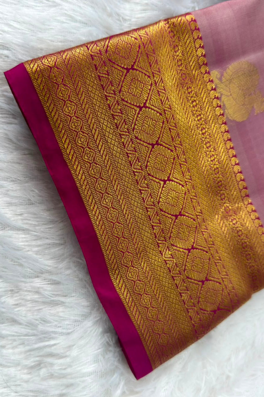 Mauve Pure Silk Saree with Gold Peacock and Medallion Motifs