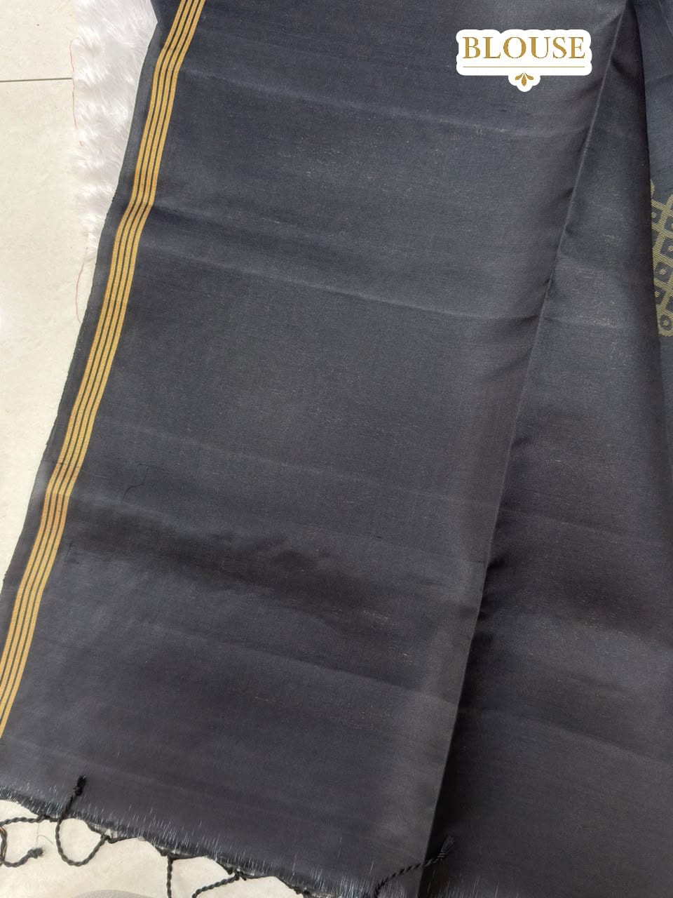 Black Pure Silk Saree with Gold Geometric Kolam Pattern