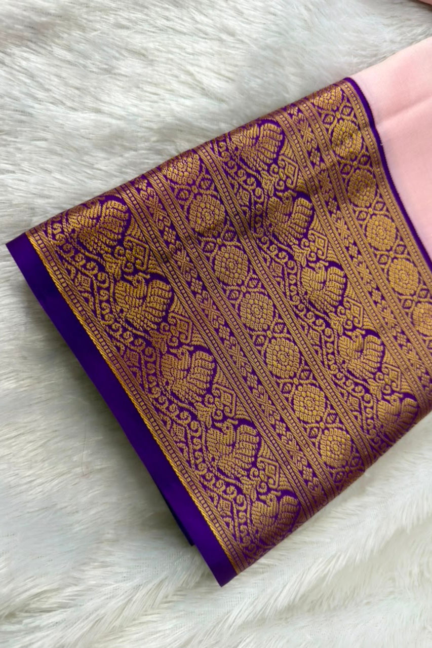 Blush Pink Pure Silk Saree with Purple Gold Peacock Border