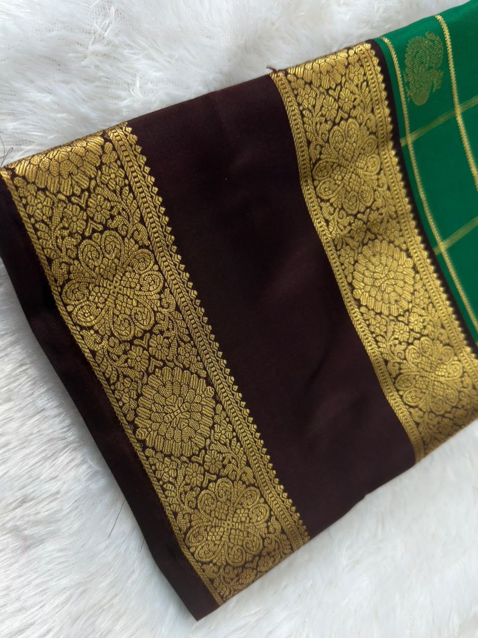 Green Grid Pure Silk Saree with Brown Gold Zari Border