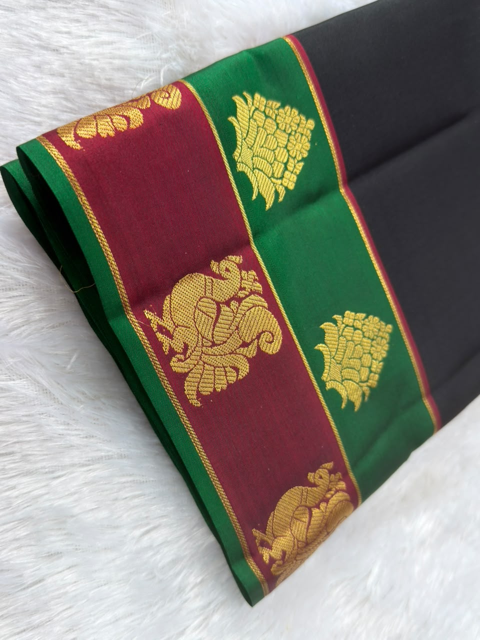 Black Pure Silk Saree with Green Maroon Dual Zari Border