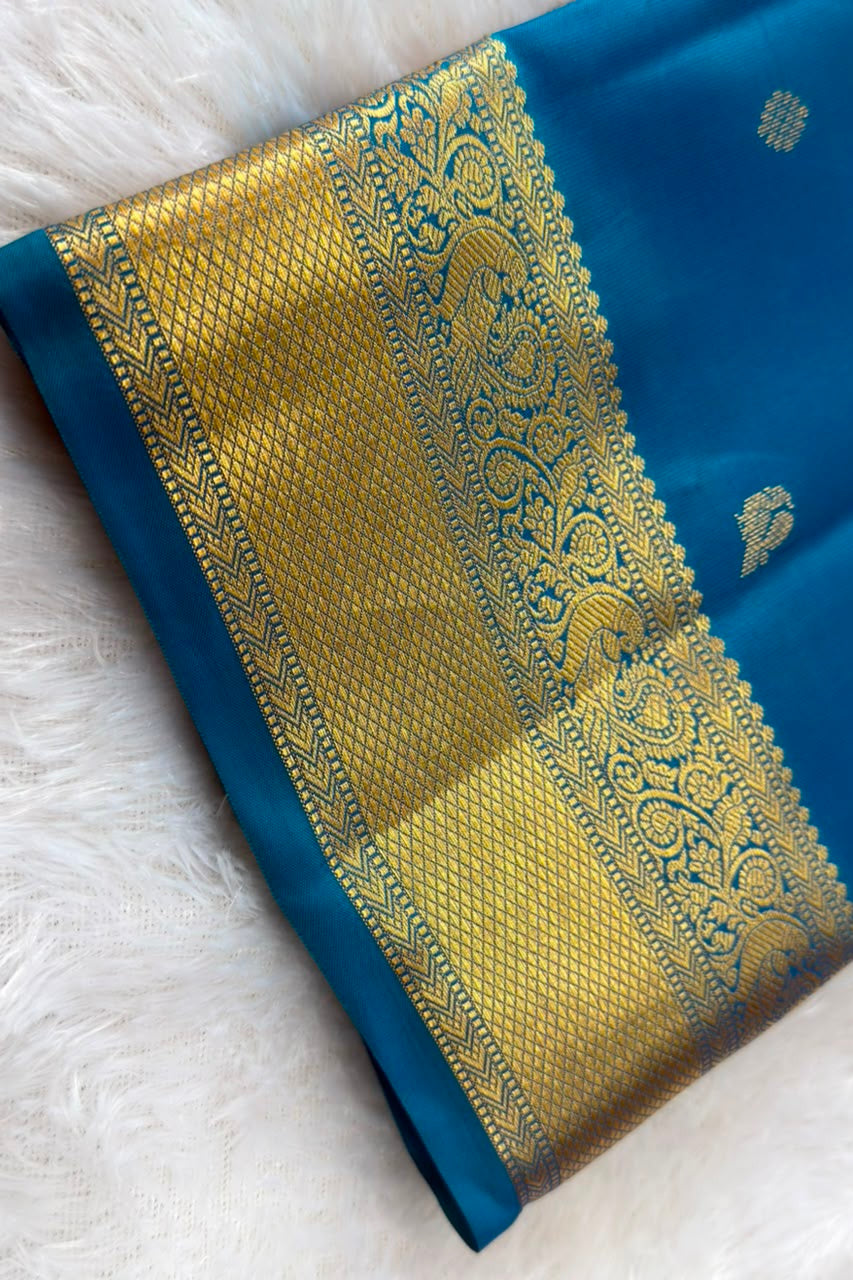 Peacock Blue Pure Silk Saree with Gold Zari Border & Butis