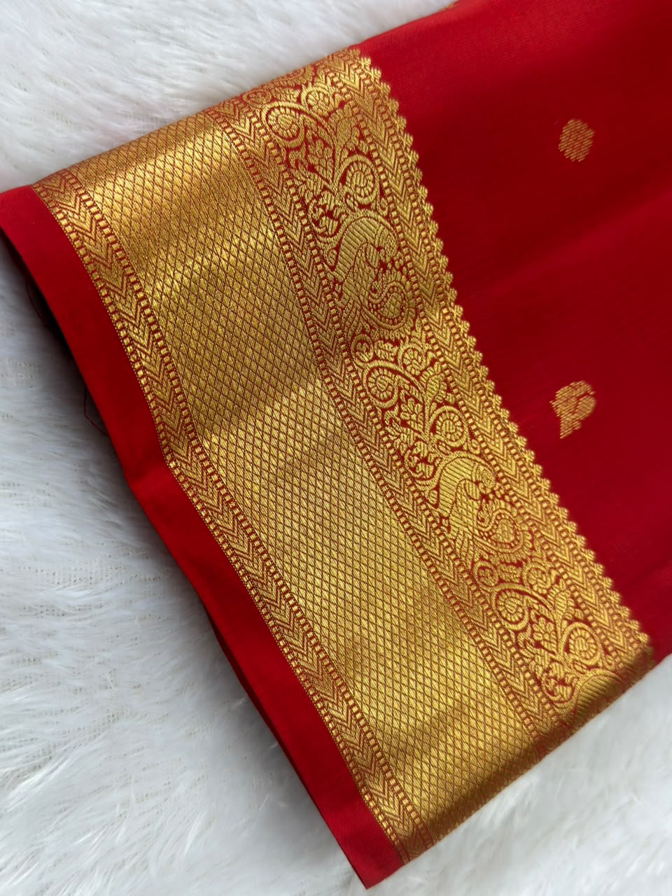 Crimson Red Pure Silk Saree with Gold Peacock Zari Border