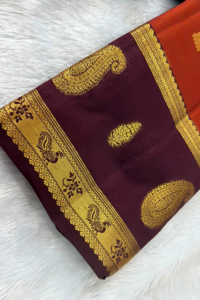 Rust Orange Silk Saree with Maroonish Brown Border & Gold Paisley Motifs