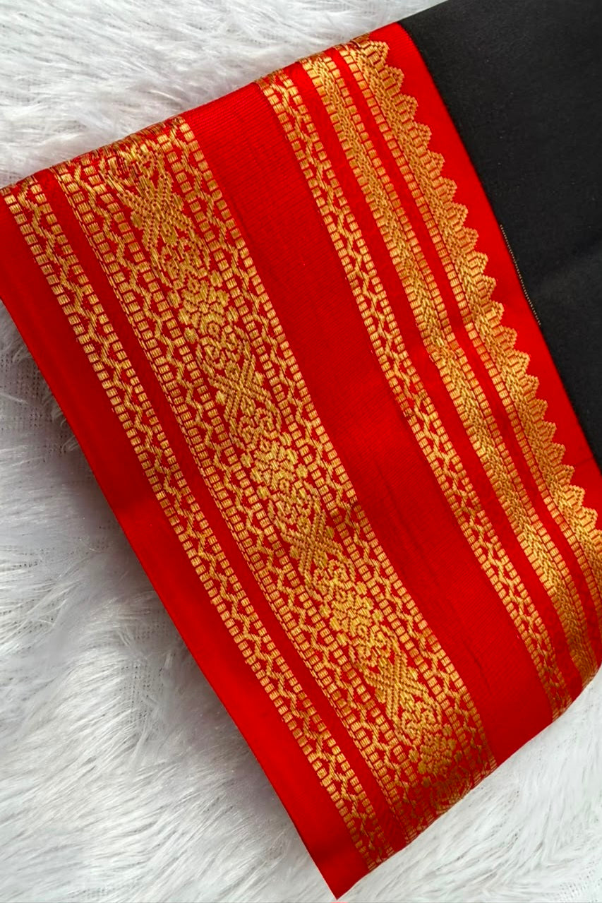 Black Pure Silk Saree with Contrast Red Gold Zari Border