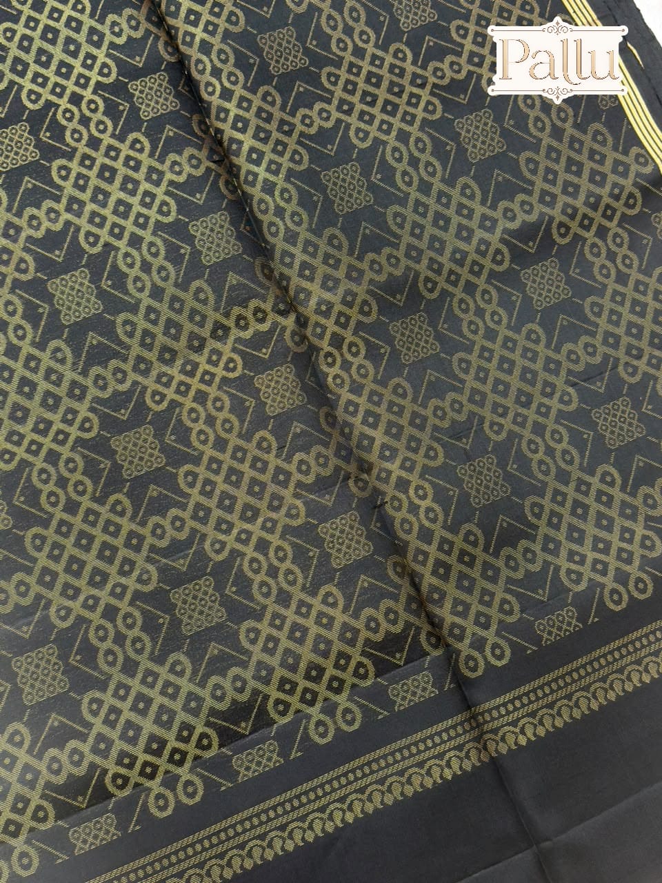 Black Pure Silk Saree with Gold Geometric Kolam Pattern