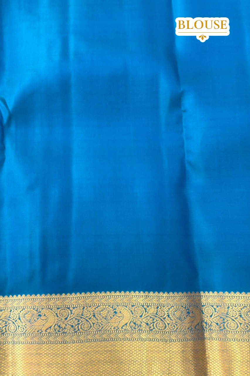 Peacock Blue Pure Silk Saree with Gold Zari Border & Butis
