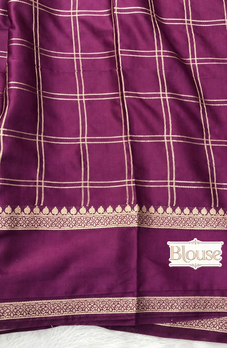 Deep Plum Semi Crepe Silk Saree with Gold Checks & Intricate Border