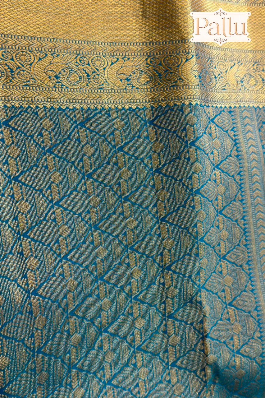 Peacock Blue Pure Silk Saree with Gold Zari Border & Butis