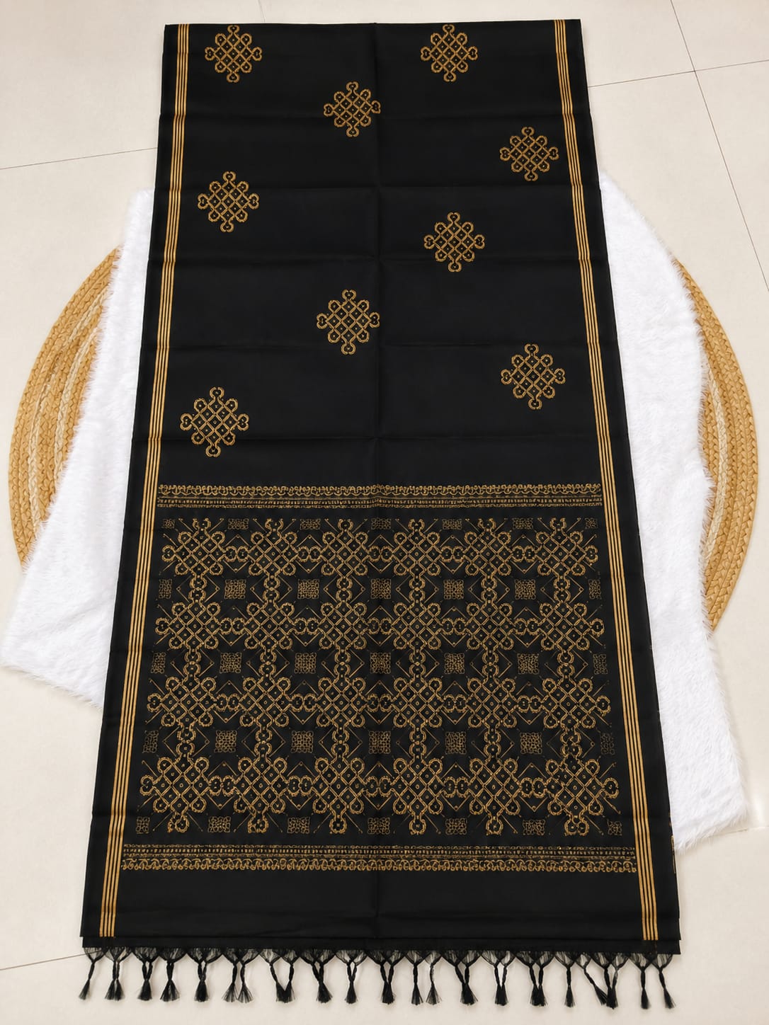 Black Pure Silk Saree with Gold Geometric Kolam Pattern
