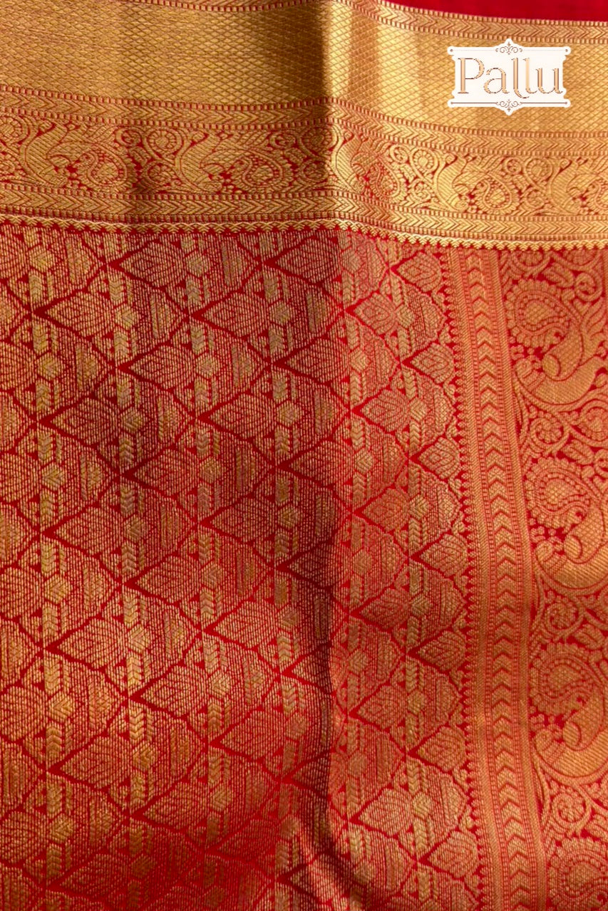Crimson Red Pure Silk Saree with Gold Peacock Zari Border