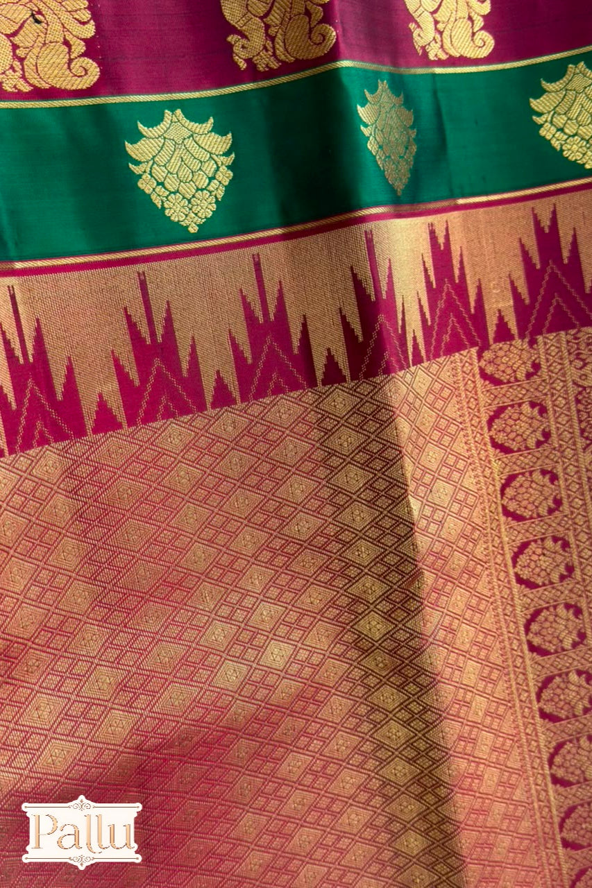 Black Pure Silk Saree with Green Maroon Dual Zari Border