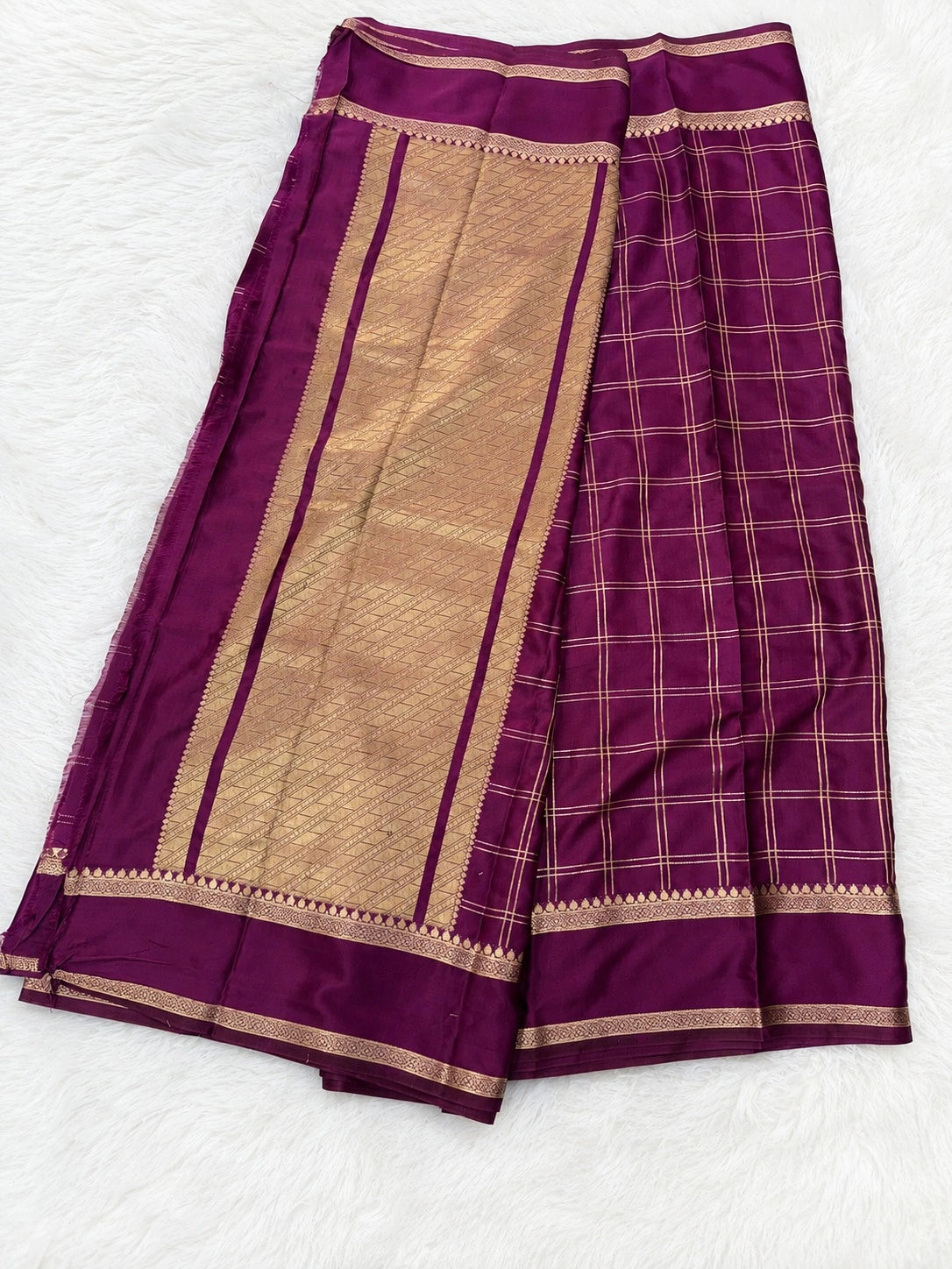 Deep Plum Semi Crepe Silk Saree with Gold Checks & Intricate Border