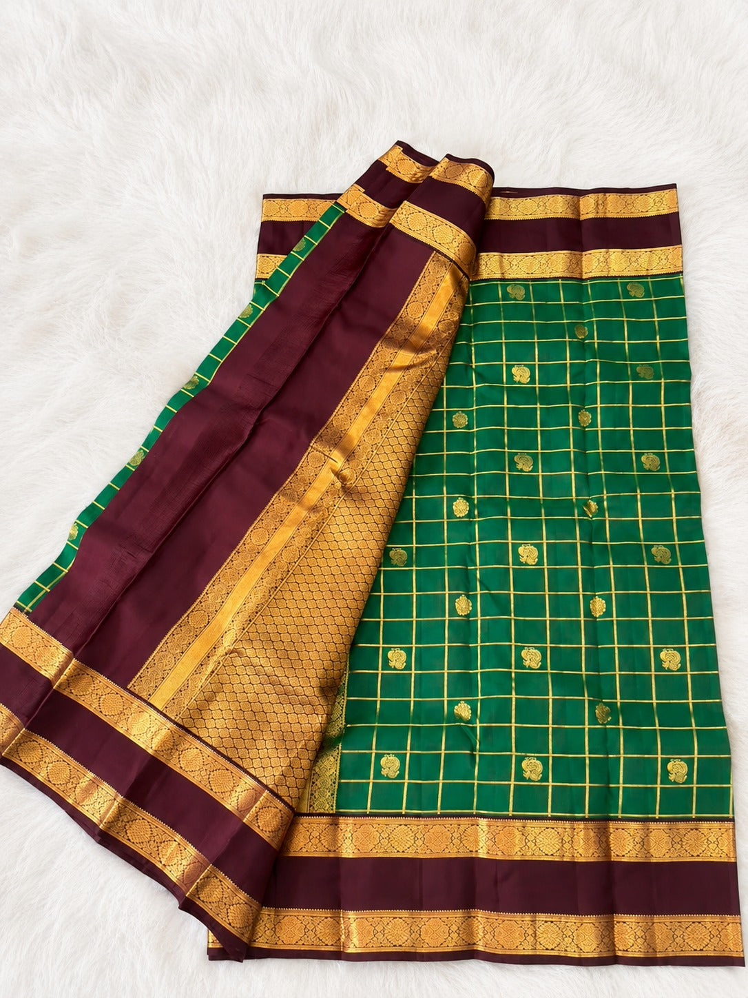 Green Grid Pure Silk Saree with Brown Gold Zari Border